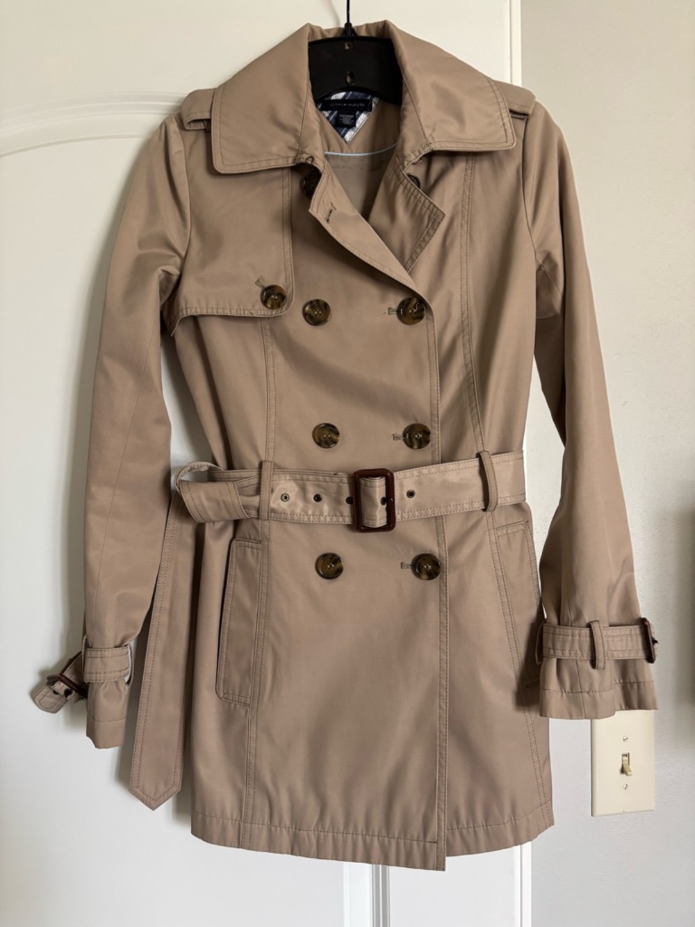Tommy Hilfiger Khaki Double-Breasted Short Trench Coat with Belt XS
